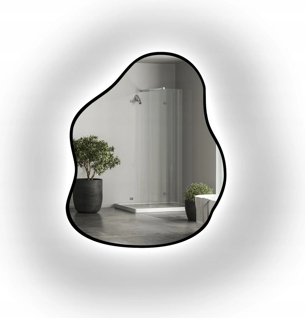 Zrkadlo v čiernom ráme Stone Led, dotykový spínač 130x168, organická škvrna