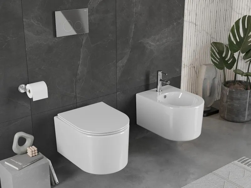 Mexen Sofia, závesná WC misa 490x360x355 mm, Rimless Tornádo + toaletné WC sedadlo z duroplastu, biela lesklá, 30540400
