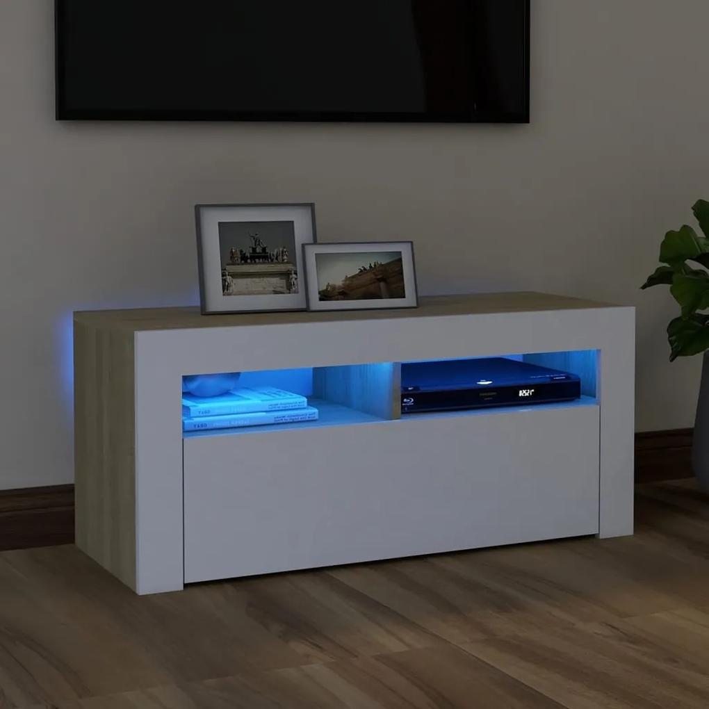 TV skrinka s LED svetlami biela a dub sonoma 90x35x40 cm