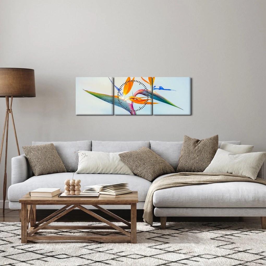 Obraz kvetu Strelícia (s hodinami) (90x30 cm)