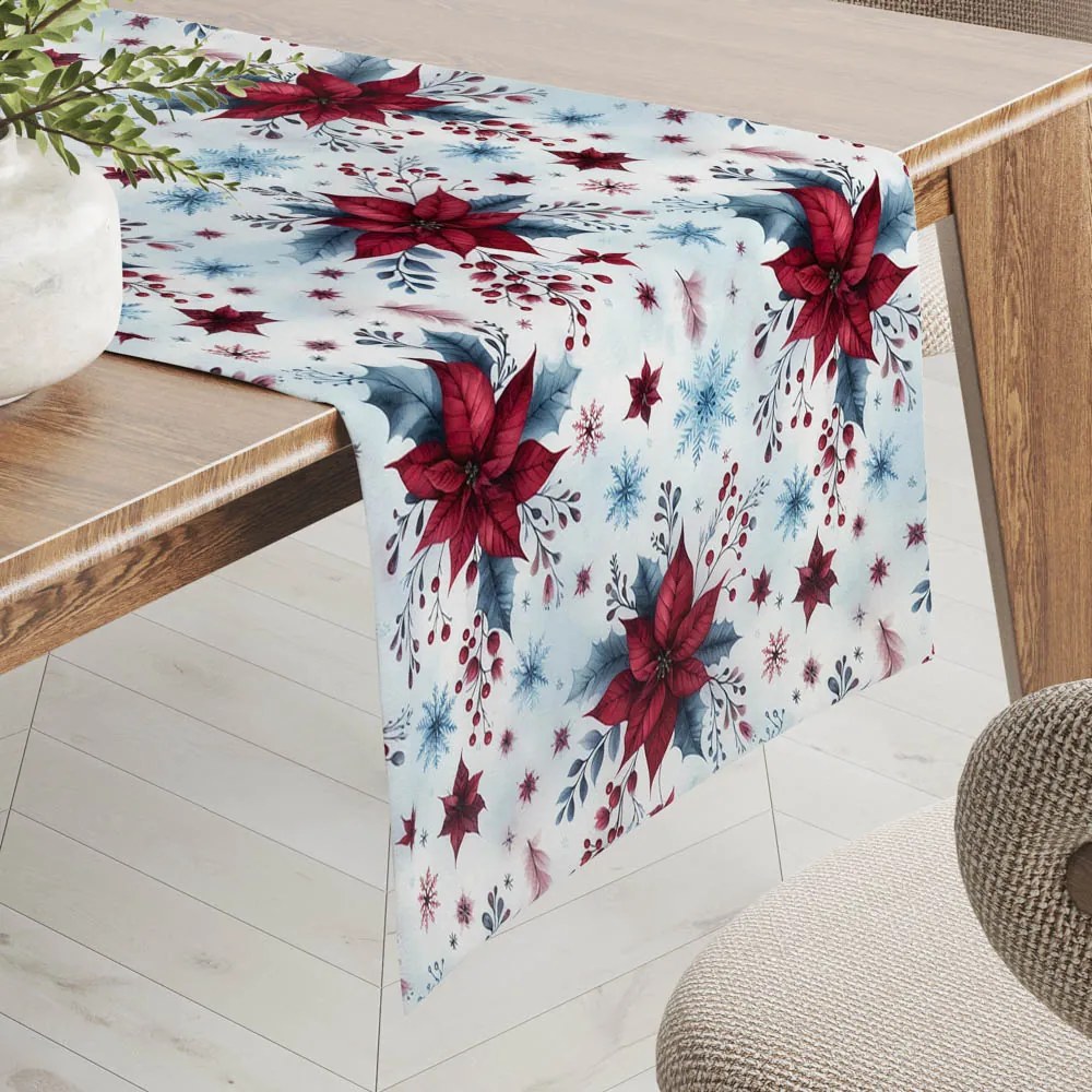 Biante Saténový behúň na stôl LUP-506 Vianočné hviezdy na ľadovo modrom 20x120 cm