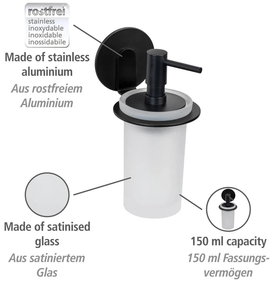 Matne čierny samodržiaci sklenený dávkovač mydla 150 ml Bivio – Wenko