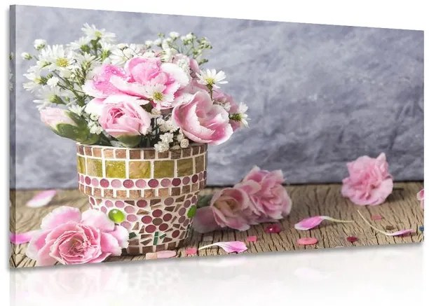 Obraz kvety karafiátu v mozaikovom črepníku