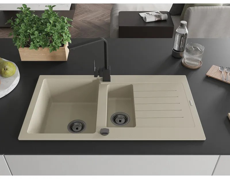 Mexen Matias, granitový drez 900x505x200 mm, 1,5-komorový a čierna batéria Rita, béžová, 6502-69-670300-70