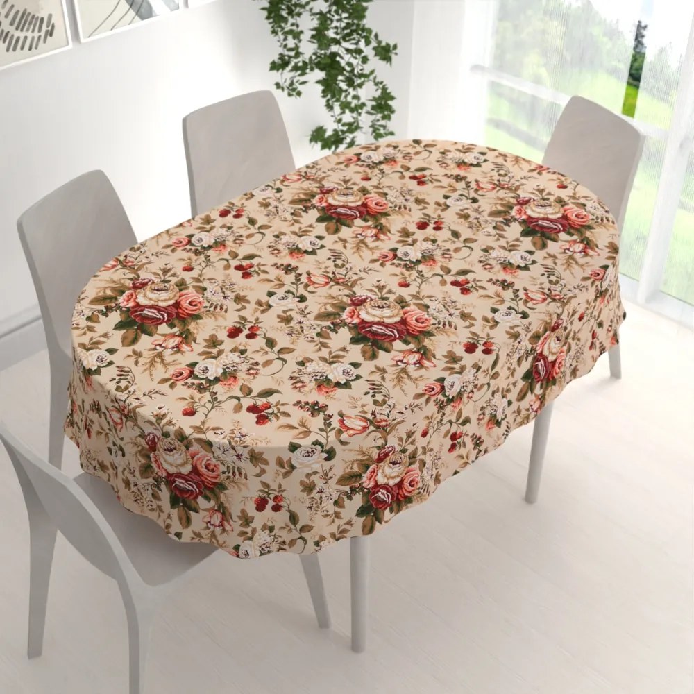 Biante Bavlnený oválny obrus Sandra SA-607 Červené ruže na béžovom 140x220 cm