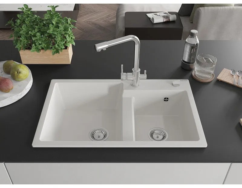 Mexen Tomas, granitový drez 800x500x190 mm, 2-komorový a chrómová batéria Duero, biela, 6516-20-671600-00