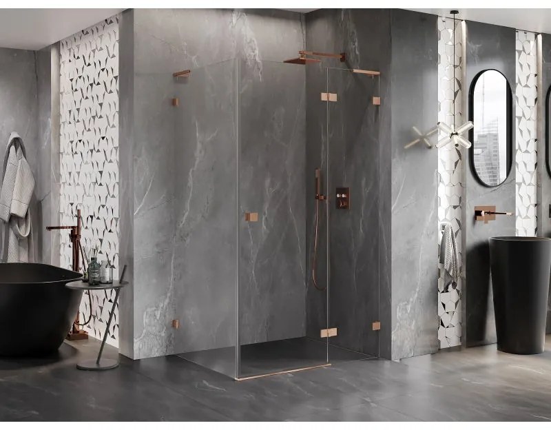 Mexen Lunar L, pravostranný výklopný sprchový kút 75 x 80 cm, 8mm číre sklo, medený matný profil, 834L-075-080-65-00-P