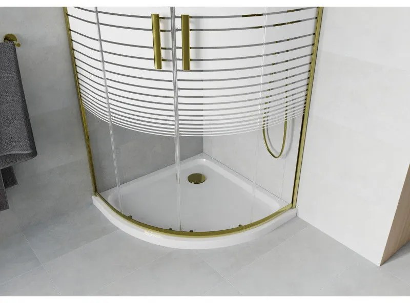 Mexen Rio, štvrťkruhový sprchovací kút s posuvnými dverami 80(dvere) x 80(dvere) x 190 cm, 6mm číre sklo s pásikmi, zlatý profil + biela sprchová vanička SLIM, 863-080-080-50-20-4110G