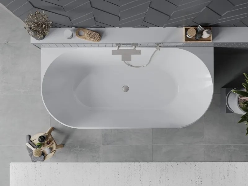 Mexen Oval Slim, voľne stojaca vaňa ku stene, 170 x 80 cm, biela-šedá, oceľový prepad, 52661708062-97