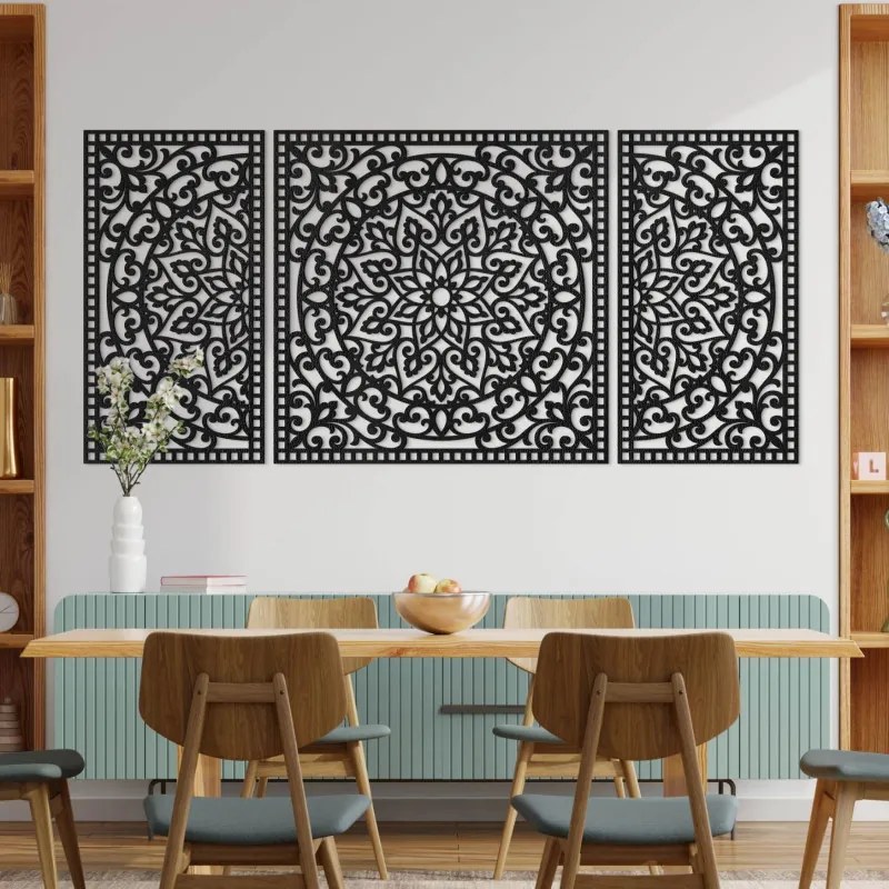 Drevená nástenná dekorácia trojdielna mandala do interiéru | SENTOP HDF0514-B