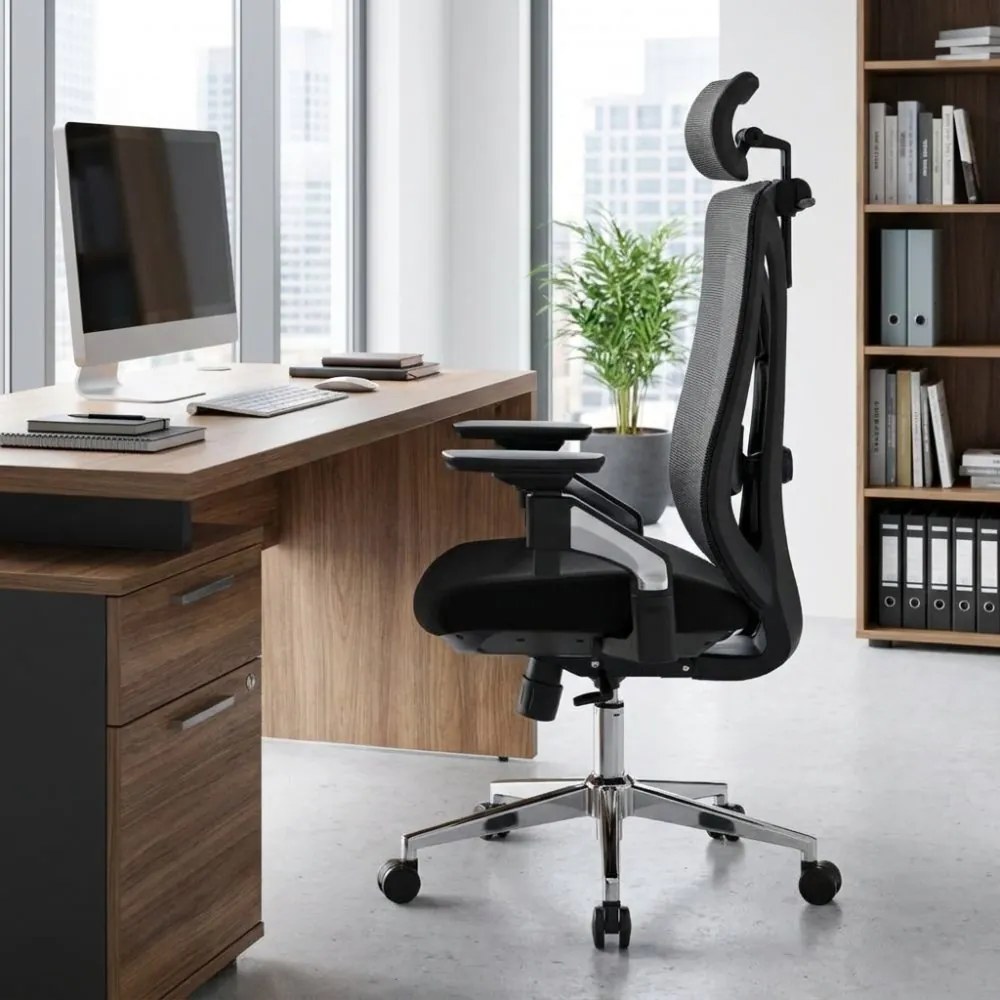 Kancelárska ergonomická stolička Neoseat STEVEN — sieť / látka, čierna, nosnosť 150 kg