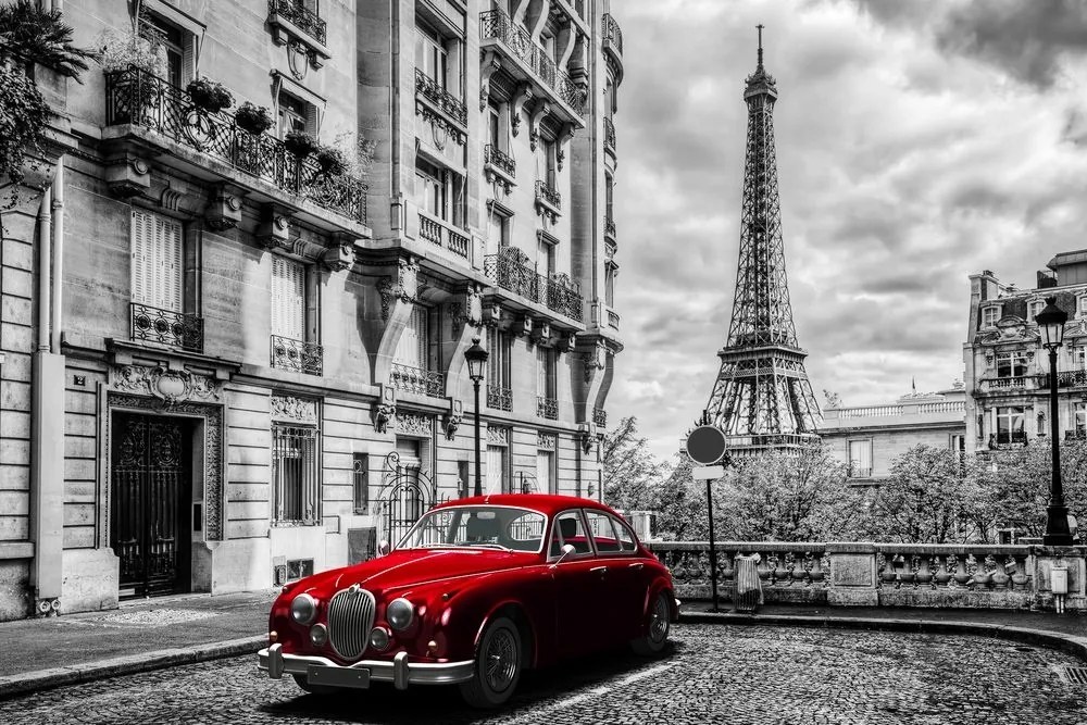 Obraz červené retro auto v Paríži - 120x80