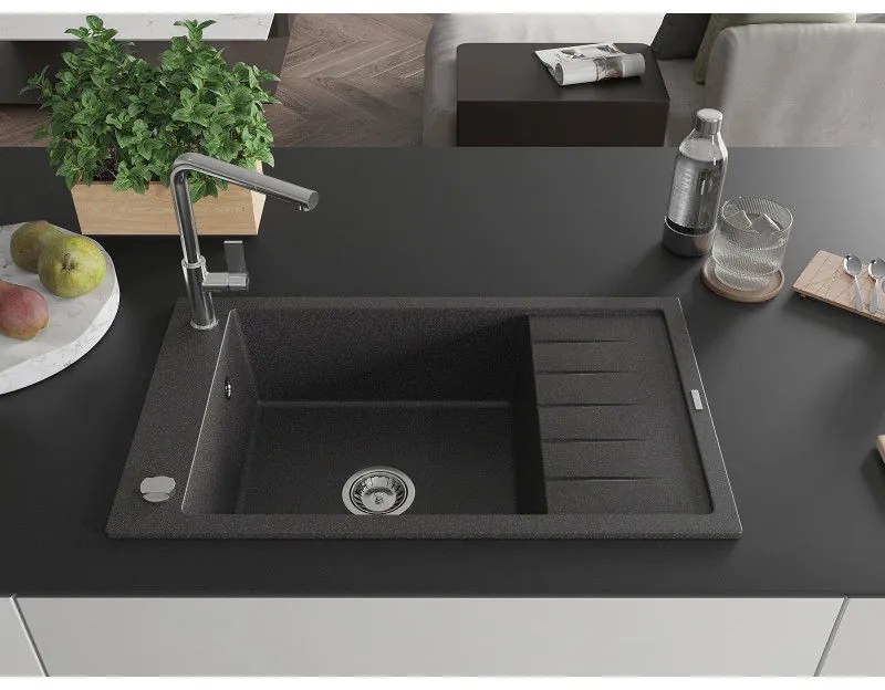 Mexen Elias, 1-komorový granitový drez 795x480x200 mm a drezová batéria Flora, čierna škvrnitá, 6511-76-670401-00