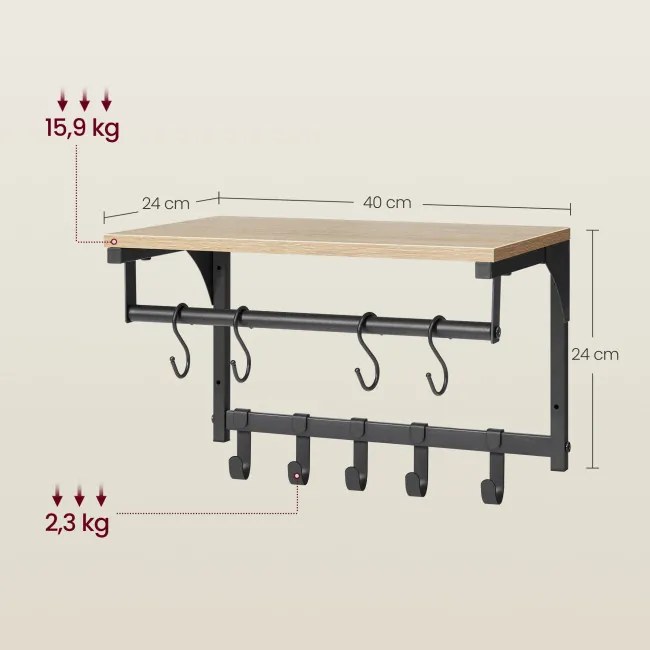 Nástenný vešiak s poličkou OSKAR LCR103B11 čierny / hnedý