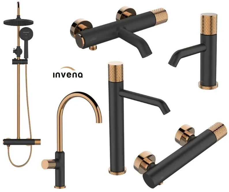 Invena Moonlight, nástenná sprchová batéria 150 mm, čierna-ružové zlato, INV-BN-77-014-V