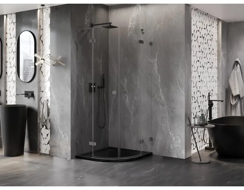 Mexen Lunar, polkruhový výklopný sprchový kút 90 x 90 cm, 8mm číre sklo, grafitový profil, 833-090L-090P-95-00