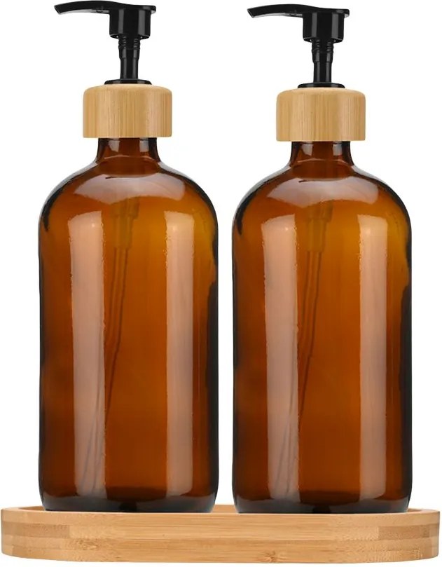 Dávkovač saponátu a mydla Dallas, hnedá/s čiernymi a drevenými prvkami, 500 ml, sada 2ks