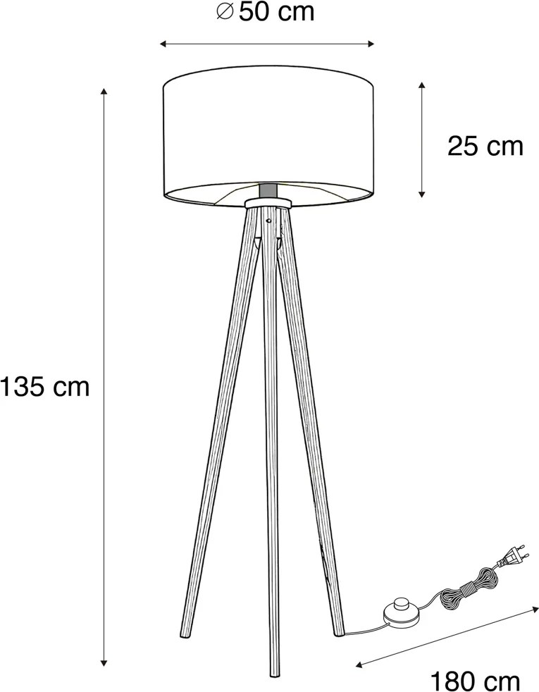 Drevená stojaca lampa s béžovým a bielym pruhovaným tienidlom 50 cm - Tripod Classic