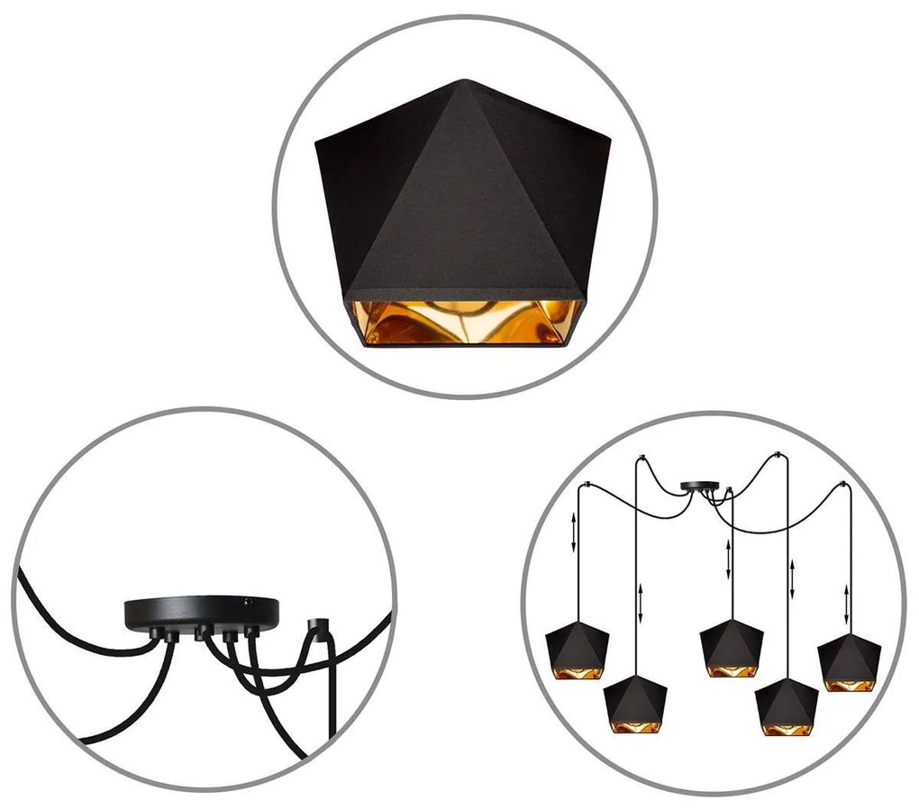 Závesné svietidlo Diamond Gold Spider, 5x čierne/zlaté textilné tienidlo