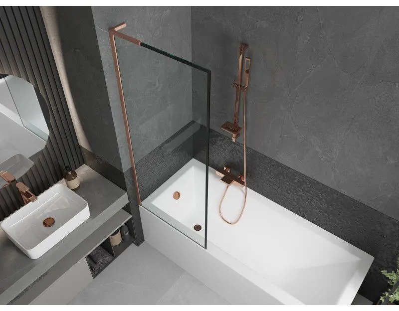 Mexen Next L, 1-krídlová vaňová zástena 70 x 150 cm, 6mm číre sklo-čierny vzor, medený profil, 895-070-000-03-70-65