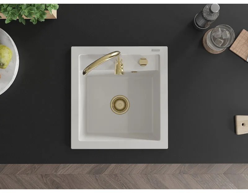 Mexen Vito, granitový drez 520x490x210 mm, 1-komorový, biela so zlatým sifónom, 6503521000-20-G