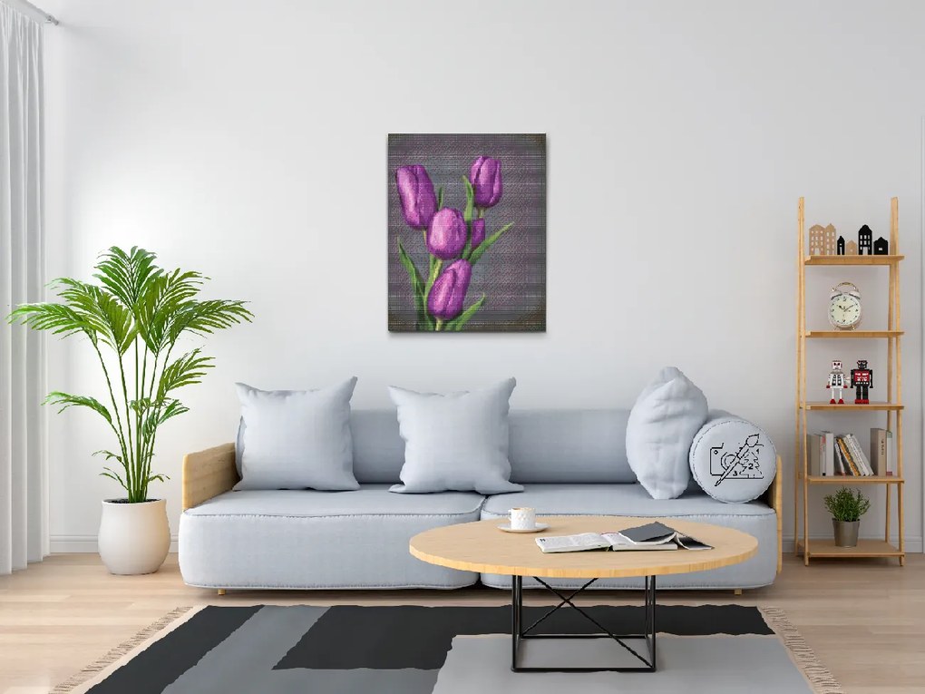 Gario Diamantové maľovanie Fialové tulipány Rozmery: 40 x 50 cm, Rámovanie: Iba zrolované plátno, Diamanty: Okrúhle