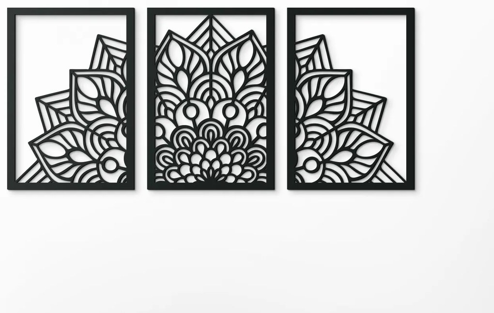 drevko Viacdielna mandala na stenu Kvet Rozmer obrazu: 29,5 x 65 cm, Farba dekorácie: Čierna