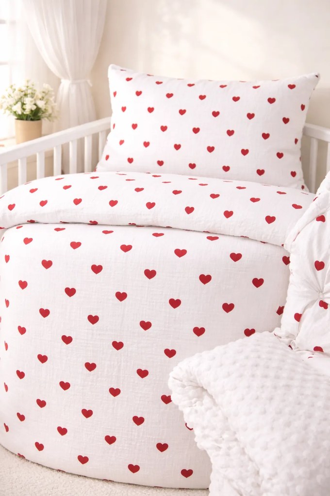 INTERMEDIC SK Mušelínové obliečky Love Red so srdiečkami 90x130 + 45x65 cm