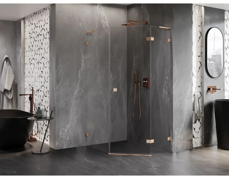 Mexen Lunar, L pravý výklopný päťuholníkový sprchový kút 80 x 100 cm, 8mm číre sklo, profil medená matná, 831L-080P-100L-65-00-P