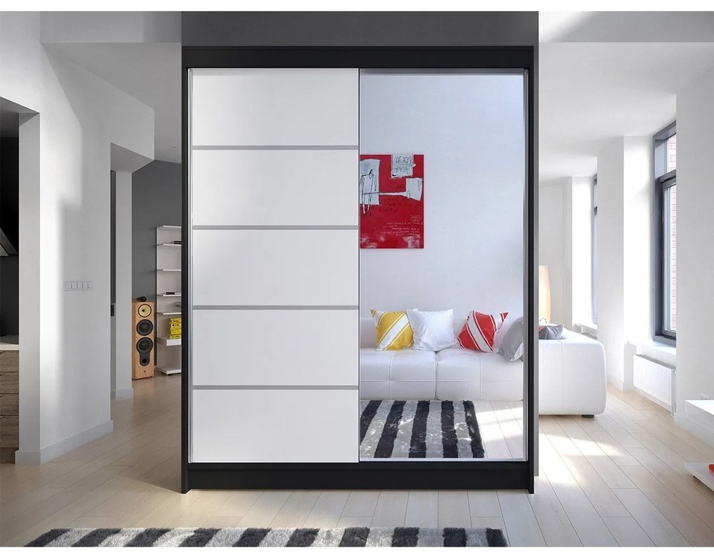 Šatníková skriňa Belgia III, Farby: biela / čierna + zrkadlo, Osvetlenie: osvetlenie LED RGB - farebné
