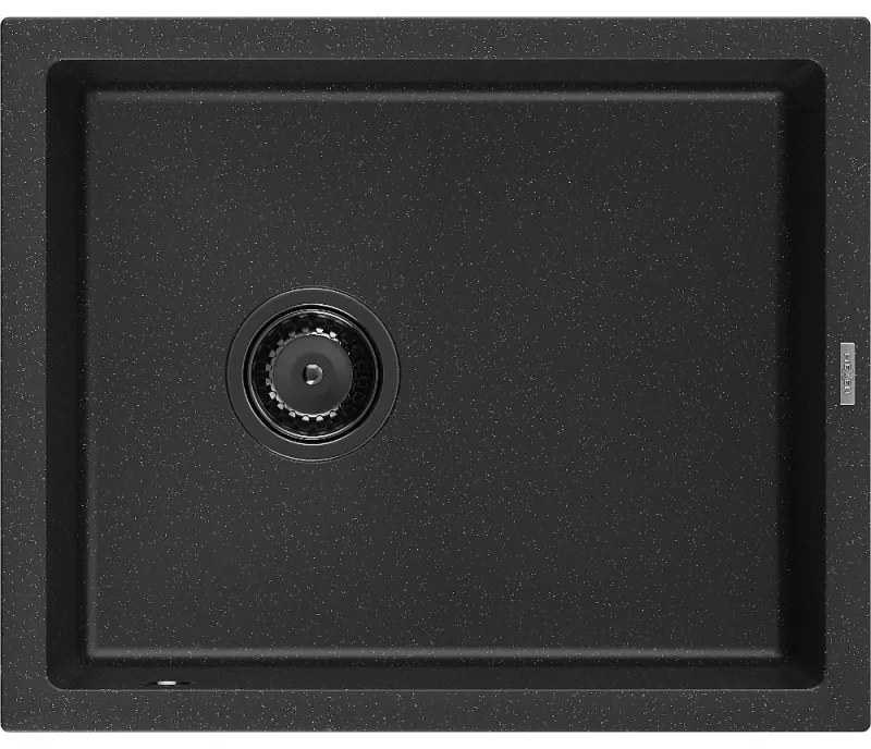 Mexen Pedro, granitový drez 560x460x200 mm, 1-komorový, čierna-strieborná metalíza s čiernym sifónom, 6508561000-73-B