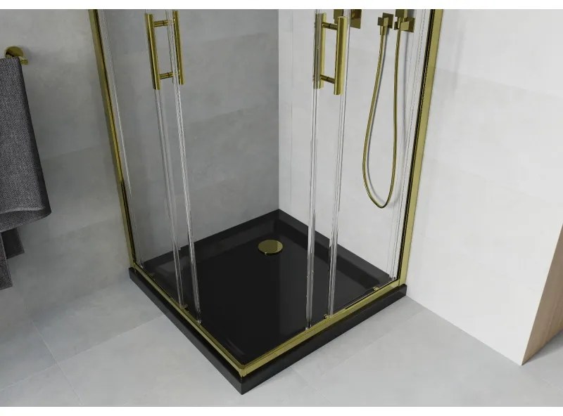 Mexen Rio, štvorcový sprchovací kút s posuvnými dverami 70(dvere) x 70(dvere) x 190 cm, 6mm číre sklo, zlatý profil + čierna sprchová vanička SLIM so zlatým sifónom, 860-070-070-50-00-4070G