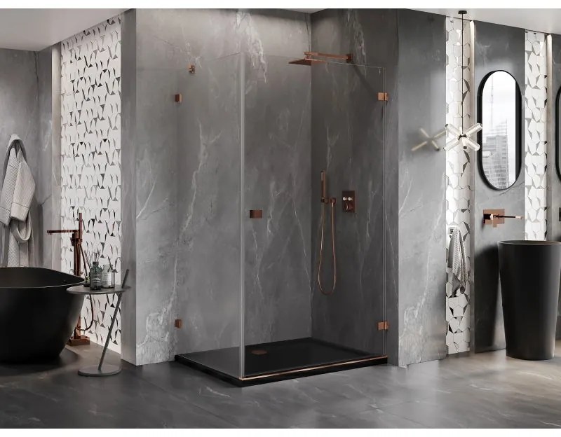 Mexen Lunar-B, pravostranný výklopný sprchový kút 90 x 80 cm, 8mm číre sklo, profil ružové zlato, 832-090-080-60-00-P