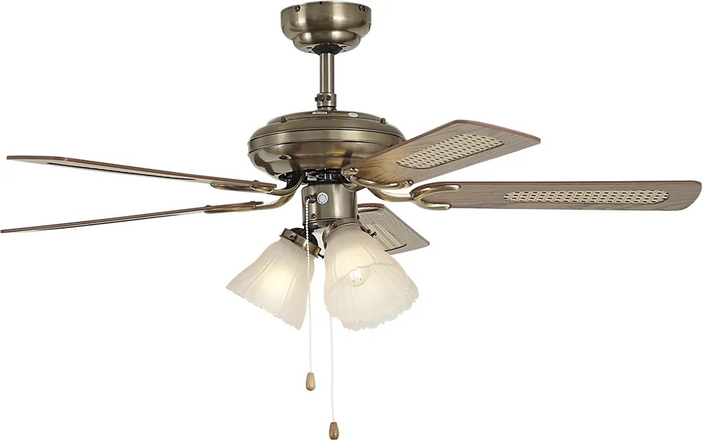 Stropný ventilátor mosadzný s drevenou potlačou a ratanom 105 cm s ťahovým spínačom - Mistral Lia