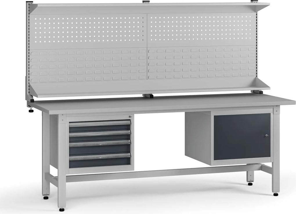 Výškovo nastaviteľný dielenský stôl G5 s nadstavbou, 2100 x 750 x 800-1000 mm, 1x skrinka, 4 zásuvky, grafit