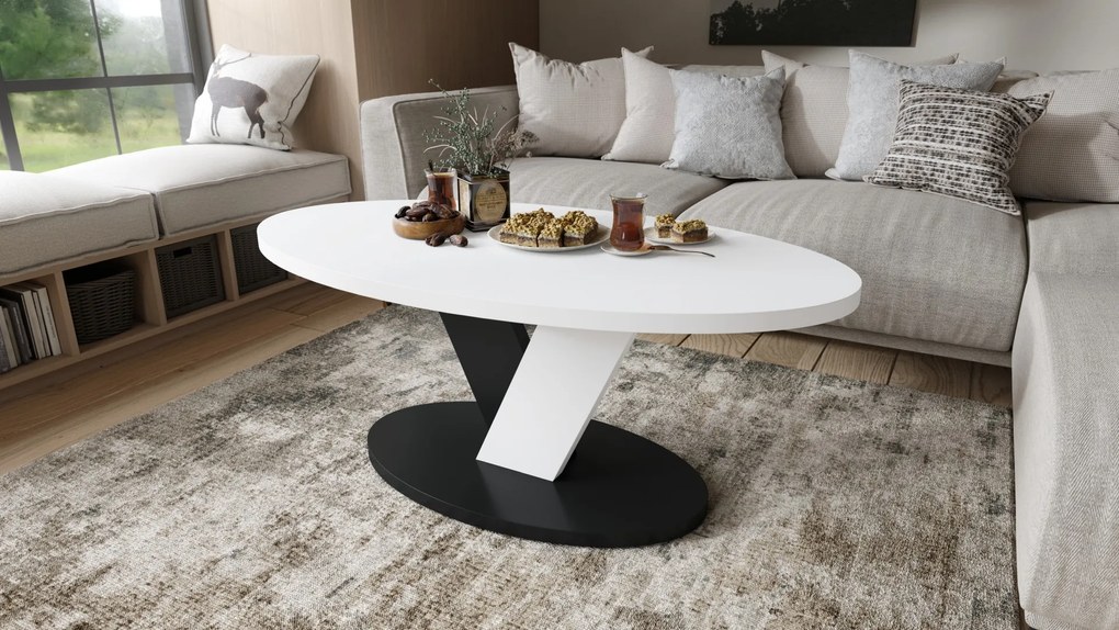 LOVA Biely/Čierny - OVÁLNY KONFERENČNÝ STOLÍK 110 × 60 cm MODERNÝ KÁVOVÝ STOLÍK
