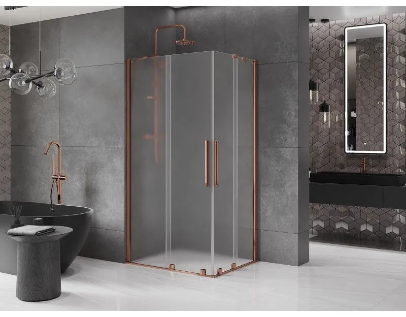 Mexen Velar Duo, sprchový kút s posuvnými dverami 90 x 80 cm, 8mm sklo námraza, ružové zlato, 871-090-080-32-60