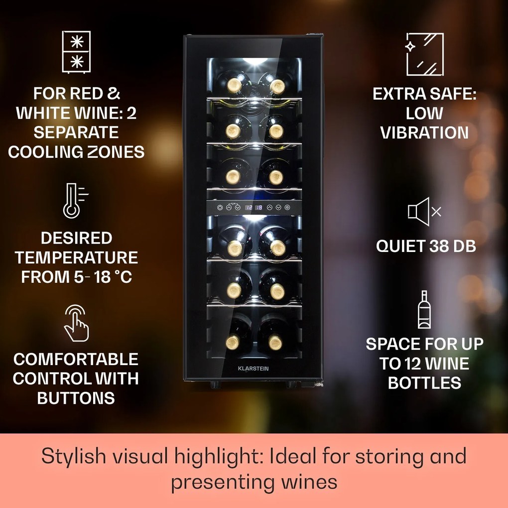 Klarstein Shiraz 12 Duo, vinotéka, 42 l, 12 fliaš, 2 zóny 5-12 / 12-18°C, dotykové ovládanie
