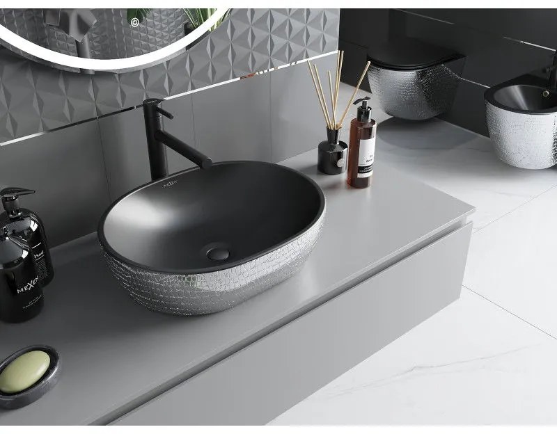 Mexen Viki, umývadlo na dosku 48x35x14 cm, čierna matná-strieborný vzor, 21054872