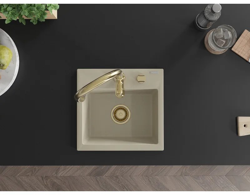 Mexen Milo, 1-komorový granitový drez 435x410x171 mm a drezová batéria Savita, béžová, 6505-69-672601-50
