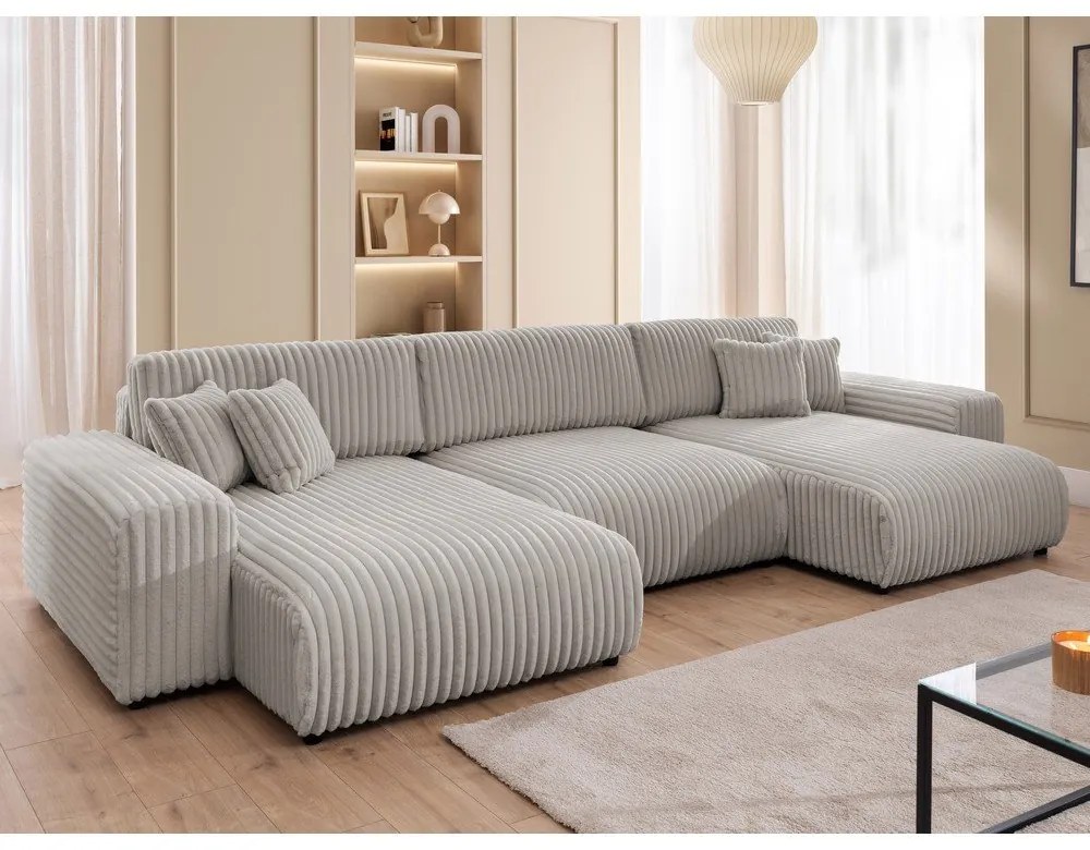 Svetlosivá menčestrová rozkladacia/s úložným priestorom rohová pohovka (do tvaru "U") Sarina – Ropez