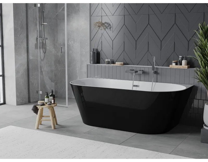 Mexen Oval Slim, voľne stojaca vaňa ku stene, 170 x 80 cm, biela-čierna, chrómový prepad, 52661708075-01