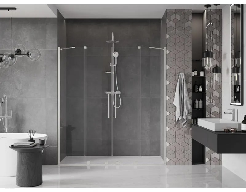 Mexen Velar Duo, posuvné sprchové dvere do otvoru 170 cm, 8mm číre sklo, brúsená oceľ, 871-170-000-02-97