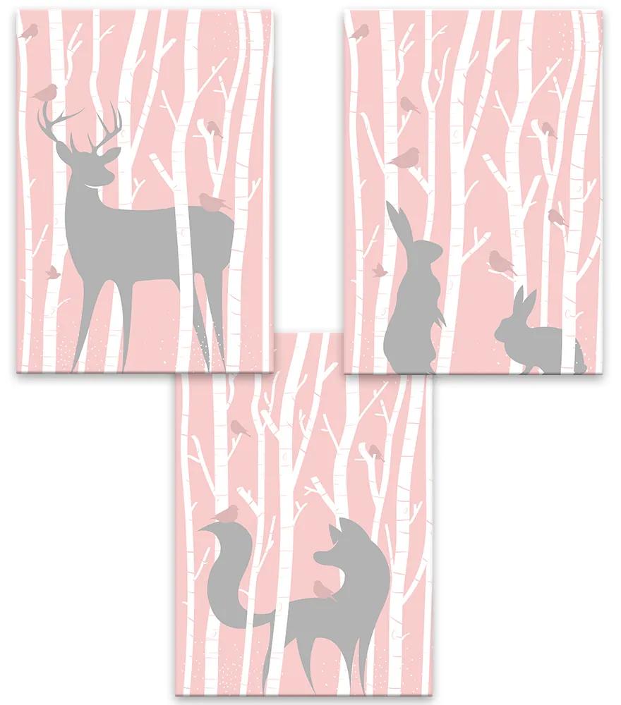 Séria 3 plagátov A3 pre deti - V lese - ružové pozadie