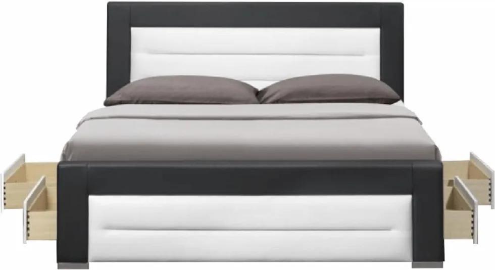 Manželská posteľ s roštom a šuplíkmi, ekokoža čierna/biela, 160x200, NAZUKA