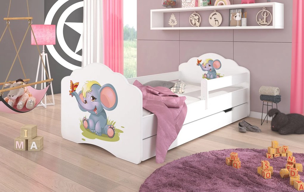 DETSKÁ POSTEĽ 160X80 CASIMO SO ZÁBRANOU JEDNOLÔŽKOVÁ SLONÍK BIELA