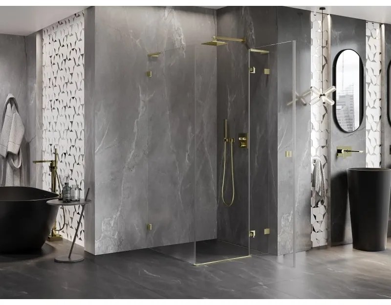 Mexen Lunar, L výklopný sprchový kút pravý 90 x 90 cm, 8mm číre sklo, zlatý kartáčovaný - 834L-090-090-55-00-P
