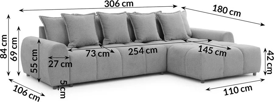 Sivá rohová pohovka (pravý roh/s leňoškou) Albane – Ropez