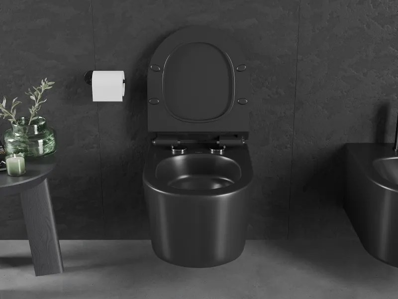 Mexen Sofia, závesná WC misa 490x360x355 mm, Rimless Tornádo + WC sedadlo z duroplastu, čierna matná, 30540185T