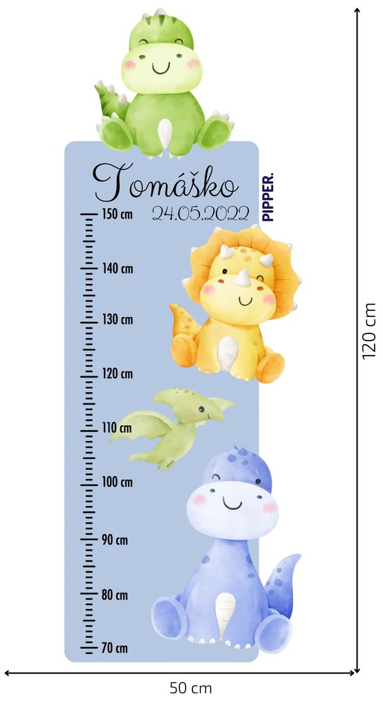 50x120cm Detský meter s menom - Dinosaury 2 - textilná nálepka na stenu